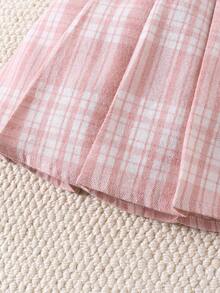 Girls' Peter Pan Collar Long Sleeve Shirt & Plaid Skirt 2pcs Set,Cute Outdoor Outfit For Spring/Autumn