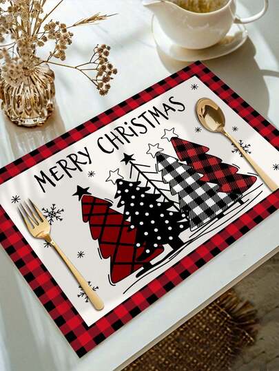 30x45cm 圣诞主题餐垫，松树元素，红黑图案设计，涤纶餐垫，适合圣诞餐桌装饰、圣诞派对聚会家居装饰