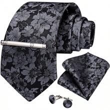 Conjunto de corbata de seda con estampado floral, incluye pinza de corbata, pañuelo y gemelos - Negro y gris - Ver 3