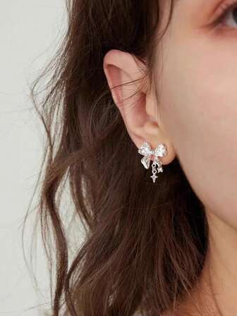 1 对 925 纯银甜辣风格耳环 - 蝴蝶结锆石镶嵌 + 星形十字架吊坠，甜美酷女孩耳环，女友礼物，随机盒装款式