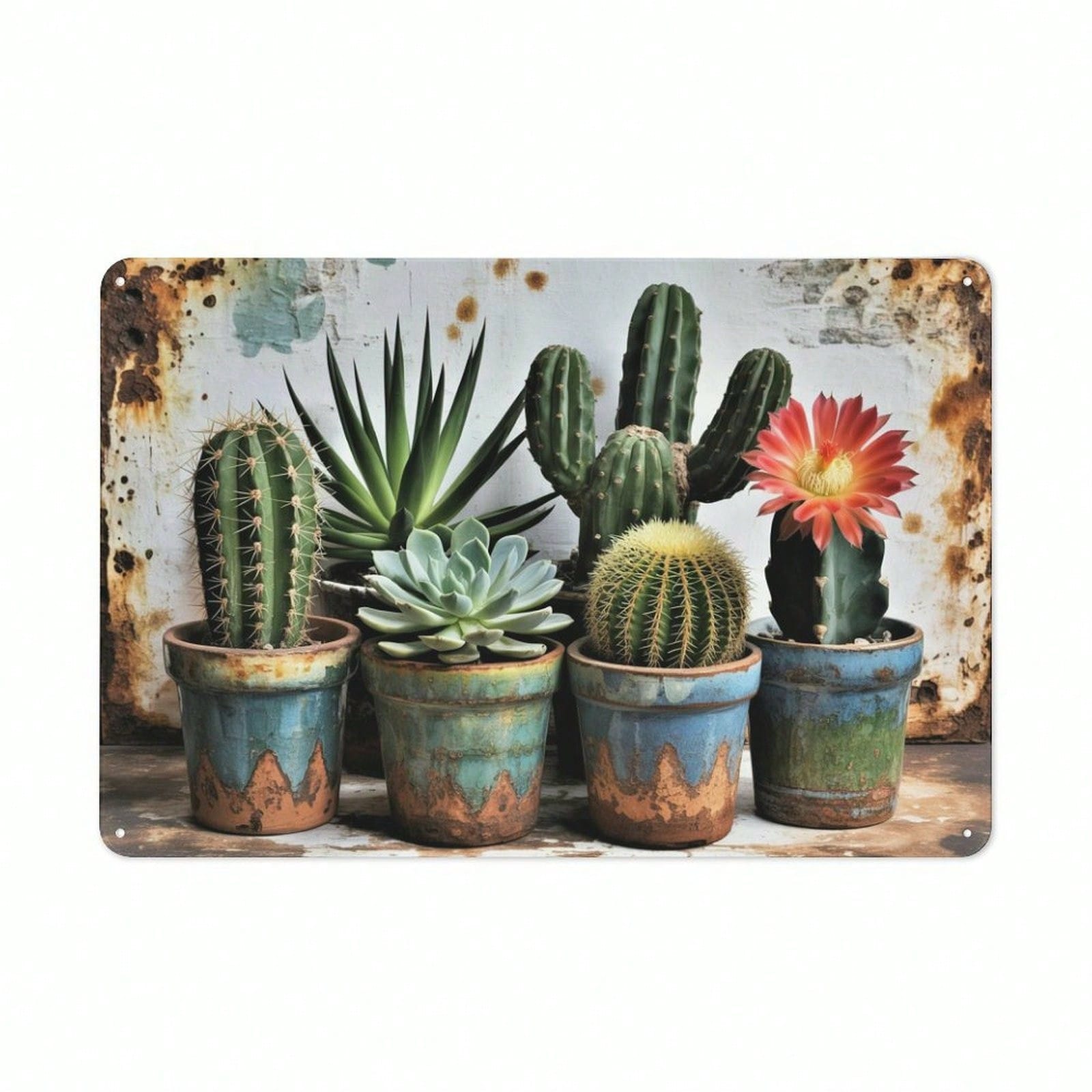 1PC 2D Flat Cactus Succulents Potted Plants Tin Sign Vintage Rustic Mexican Desert Plants Metal Sign Print Suitable For Room Bathroom Cave Bar Cafe Garage Garden And Outdoor Decoration 8X12 Inch Retro Art, Room Decor, Outdoor Wall Decoration Gift, High Qu