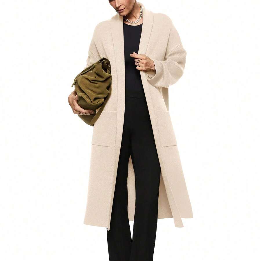 Womens Long Sleeve Maxi Cardigan Open Front Oversized Knitted Sweater Coat Casual Lapel Warm Overcoat With Pockets - 杏色 - 查看 1