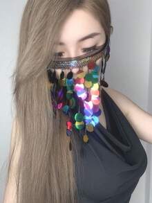 肚皮舞神秘女孩面帘遮脸系带异域风情舞蹈配饰流苏面纱 - 彩色 - 查看 7