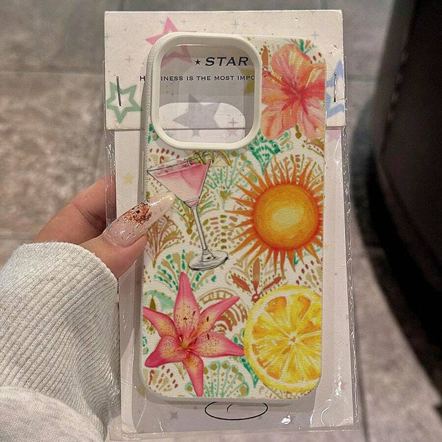 Vacation Style TPU 1pc Material Colorful Lily Flower & Lemon Pattern Full Screen Phone Case, Compatible With Iphone/ Phones Spring - White - View 1