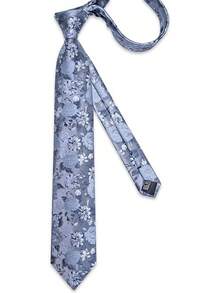 Silk Floral Necktie Set With Tie Clip, Handkerchief & Cufflinks - Silver and Sky Blue - View 7