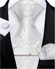 Conjunto de corbata de seda con estampado floral, incluye pinza de corbata, pañuelo y gemelos - Blanco sólido - Ver 1