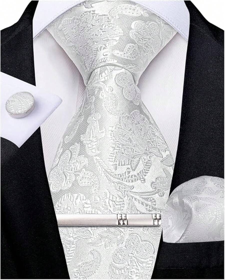 Conjunto de corbata de seda con estampado floral, incluye pinza de corbata, pañuelo y gemelos - Blanco sólido - Ver 1