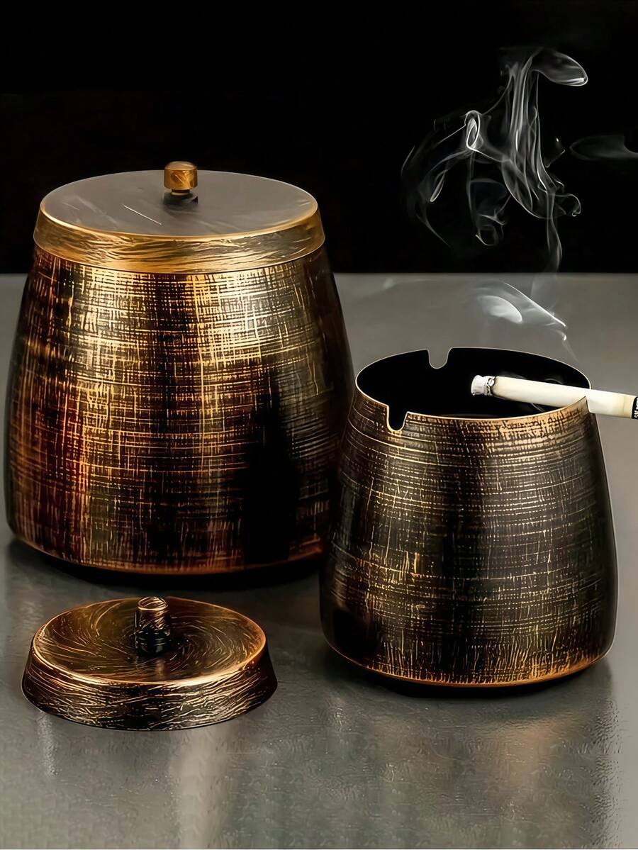 1 Piece Of A Retro Copper-Colored Covered Ashtray, Stainless Steel Ashtray, Outdoor Windproof Smokeless And Odorless Ashtray, Home Decorative Item, Daily Necessity, Festival Gift, Birthday Gift, Gift For Boyfriend, Large Outdoor Ashtray For Home Decoration, Outdoor Terrace Ashtray, Stainless Steel Windproof Smokeless Ashtray Tray, Suitable For Balcony, Smoker's Ashtray, Cigar, Home Office Decoration - Multicolor - View 1