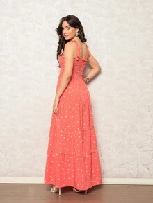 Long Dress With Elastic Straps / Crepe Polka Dot / 94% Polyester, 6% Elastane - 珊瑚橙 - 查看 5