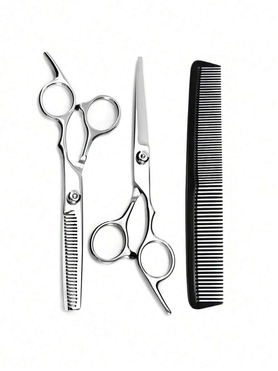 3Pcs Professional Hair Cutting Scissors Set, Stainless Steel Silver Barber Shears Kit With Cutting Scissors & Thinning Texturizing Shears & Barber Comb, Adjustable Screw Sharp Mirror Polished Hairdressing Styling Tools For Men Women Home Salon - Silver - View 1