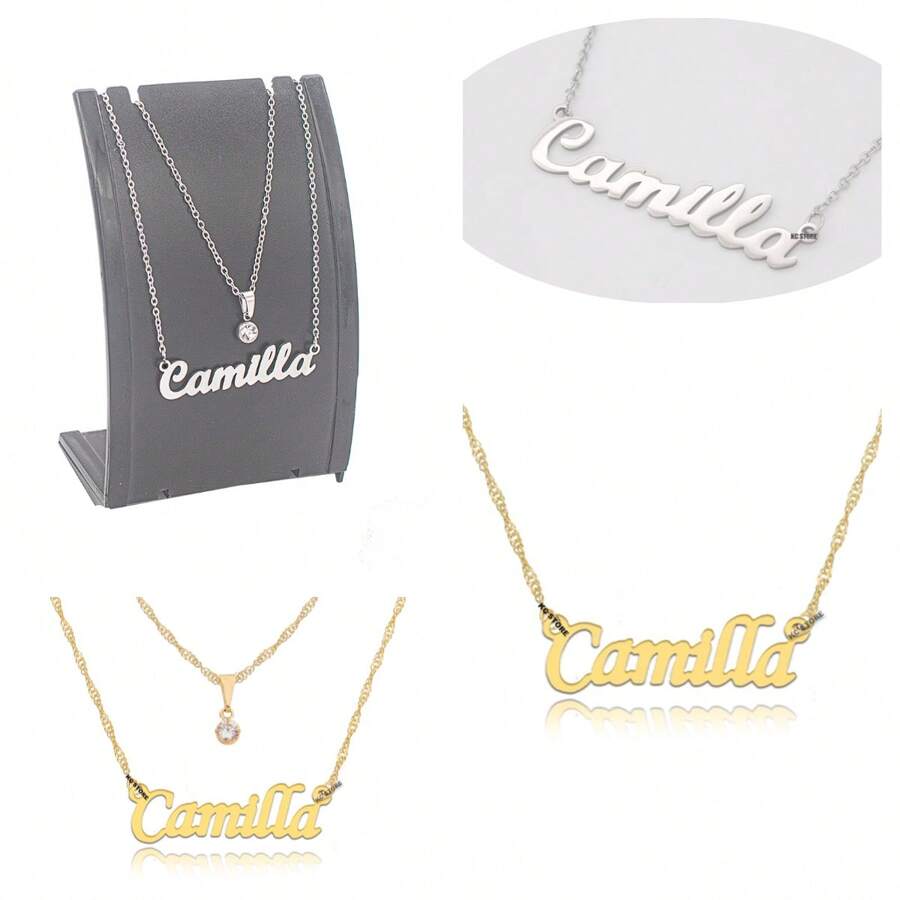 Camilla Name Necklace Gold Plated Or Black Plated Silver Stainless Steel Normal Letter Chain Double Double Choker With Light Point