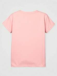 Playera oversize estampada para mujer, clásica y casual, ajuste oversize y cuello redondo, tela de algodón, apta para temporadas de verano, primavera y días soleados, con pedrería artificial decorativa en la parte frontal. En algunos colores pueden variar los tonos y estampados. - Rosa vieja - Ver 3