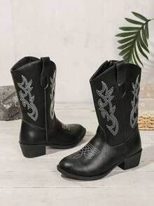 女童西部牛仔刺绣靴，圆头厚底中筒靴，秋冬款