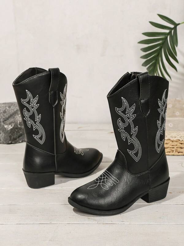 Mädchen Western Cowboy Stiefel mit Stickerei, runde Zehenkappe, dicke Sohle, Kniehohe Stiefel, Herbst/Winter