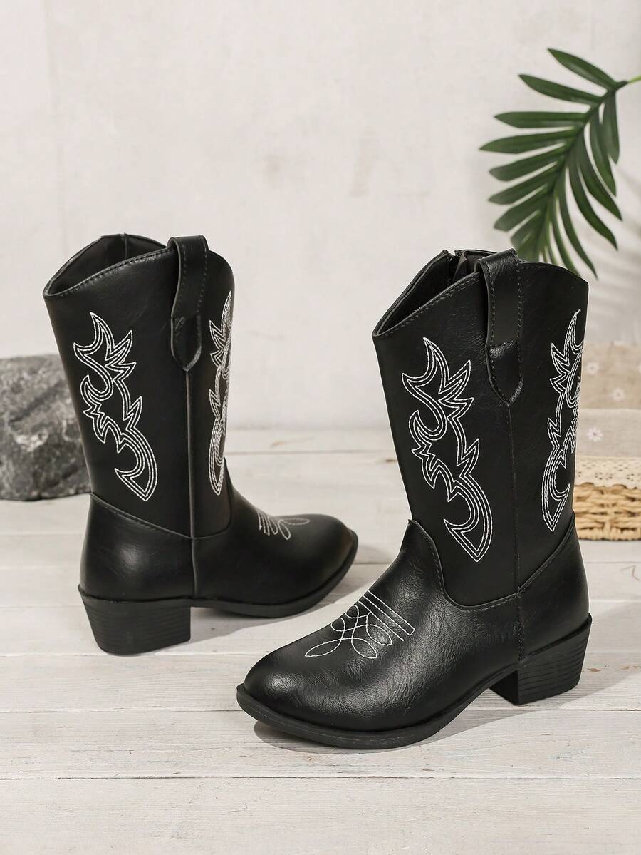 女童西部牛仔刺绣靴，圆头厚底中筒靴，秋冬款