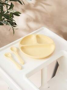 PopLittleOne 3 件装婴儿食物储存硅胶碗宝宝防水叉勺吸盘硅胶餐盘纯色婴儿餐具