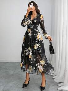 Women's Gothic Romantic Black Floral Chiffon Maxi Dress – V-Neck, Lantern Sleeves, High Waist, Ruffle Hem Elegance