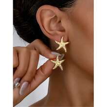 1 Pair Geometric Pearl & Starfish Stud Earrings - Vàng A - Xem 8