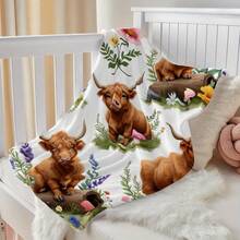 Cozy Floral Highland Cow Print Flannel Throw Blanket - Soft, Warm & Versatile For  , Adds A Modern Touch To Your Home, Creating A Comfortable Bedroom Style.   Suitable For All Seasons, Polyester,    Washable, Machine Washable, Lightweight, Breathable, Comfortable, Warm, Unique,280gsm, Suitable For Him And Her, Suitable For Napping, Camping, Traveling, Family, Daily Life Office Decoration, Birthday Anniversaries, Valentine's Day, Thanksgiving, Christmas, Halloween, Mother's Day, Father's Day, Weddings, New Year Gifts For Her, Him, Family, Boyfriend, Girlfriend Father, Family Member, Mother, Lover, Daughter, Son, Grandfather, Grandmother, Friend,  Classmate And Pet. Sofa,Bed,Car,Bedroom,Living Room,Office, Outdoor Camping, Beach,Wall Decoration Ships From USA - 多色8 - 查看 5