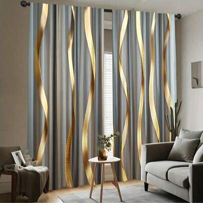 2 Pcs Polyester Curtains - HD Grey Gold Stripe Pattern Printing For Bedroom, Living Room, Office And Home Decor, Rod Pocket Design,90g