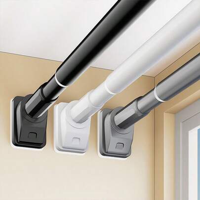 A Metal Tension Shower Curtain Rod Is Adjustable, The Wardrobe Support Rod Is Telescopic, And It Has An Anti-Slip Silicone Base Without The Need For Drilling. The Curtain Rod And Clothes Drying Rod Are Suitable For Multiple Scenarios Such As Bathrooms, Kitchens, And Balconies