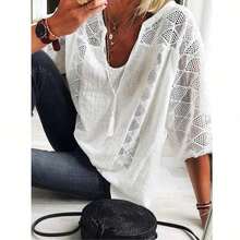 2025 Bohemian Style Women Blouses Summer Blouse Solid Color Leisure Hollow Tassels U-Neck 3/ 4 Sleeve Lace Women Shirt S-5XL