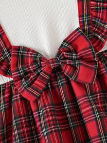 Robe à manches longues pour bébé fille avec volants, patchwork à carreaux rouges de la Saint-Valentin, nœud + Chouchou à nœud