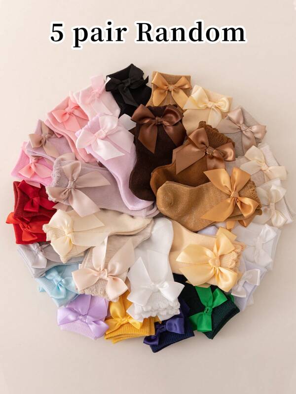 Random 5 Pairs Of Baby Bow Socks, Soft Fabrics, Various Colors, Baby Wear Very Cute