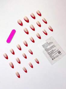 24 Peças Unhas Postiças Estilo Francês Vermelho Extremamente Simples, 1 Peça de Cola de Gelatina + 1 Lixa de Unha, Suprimentos de Unhas