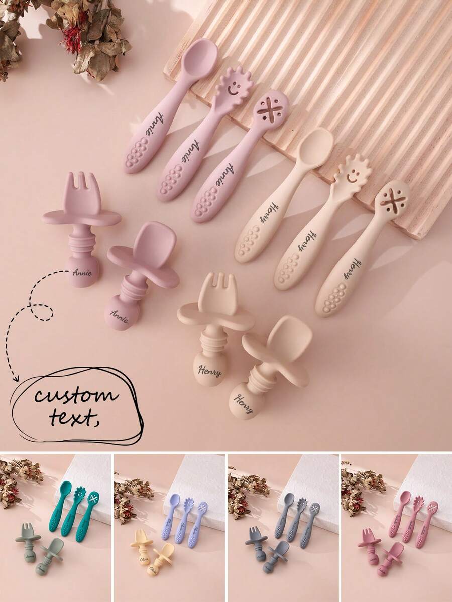 5PCS Personalized Customization Name Baby Silicone Utensils Mini Spoon Fork Food Accessories Solid Color Baby Tableware Print On Demand Baby's Cutlery - Multicolor - View 1