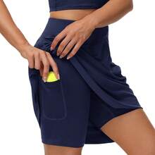 Woman Skorts Skirts With Multi Pockets High Waisted Golf Tennis Skirts Knee Length Long Skort For Women Drawstring Dressy Casual Summer Skirts - 藏蓝色 - 查看 2