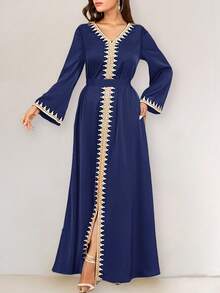 V-Neck Long Sleeve Cinched Waist Lace Patchwork Dress - Royal Blue - View 1