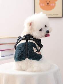 PETCIRCLE 1件宠物衣服，狗狗/猫咪服装，小型犬/幼犬套装，可爱宠物衣服，狗狗衣服，小型犬秋冬保暖舒适抓绒拼接背带背心 - 绿白 - 彩色 - 查看 2