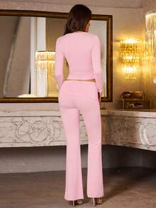 WOWDARK Women's Spring 2-Piece Set, Square Neck Fitted Crop Top And Casual Long Pants, Suitable For Valentine's Day, Dates, Travel, Vacation - Pink - View 8