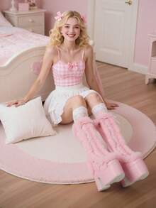 Knee High Boots For Womens Side Zipper Warm Faux Fur Platform Chunky Heel Punk Goth Walking Winter Snow Boots - Hồng - Xem 3