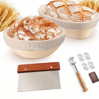 Bread Proofing Basket Set, Banneton Sourdough Starter Kit With Lame, Dough Scraper, Linen Liner, Complete Bread Making Supplies And Tools