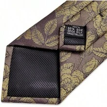 Silk Floral Necktie Set With Tie Clip, Handkerchief & Cufflinks - Brown and Yellow - View 8