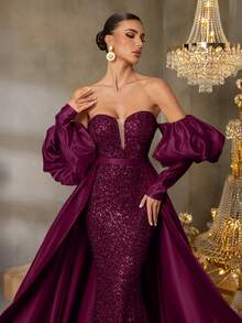 Faeriesty Wunderschönes Abendkleid mit Puffärmeln, Meerjungfrauensaum, Satinschleppe und Pailletten für rote Teppich Events, große Galas, formelle Hochzeitsempfänge, renommierte Wohltätigkeitsgalas und luxuriöse Bankette