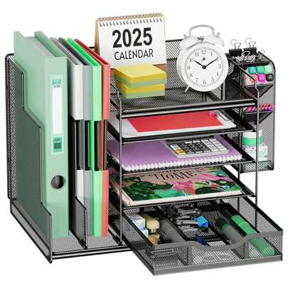 Schreibtisch Organizer 5 Tier Briefablage Ablagefächer mit Schublade,1 Stifthalter mit vier Fächern, Netz Schreibtisch Ablage, Bürobedarf Briefablage, Büro organizer Büro Gadgets Stehsammler Dokumentenablage Briefablage, Schreibtisch Organizer mit Aktenhalter,1 St., Zeitschriftenhalter für Büro Bedarf Dokumentenablage(Schwarz), Platzsparend und einfach zu installieren