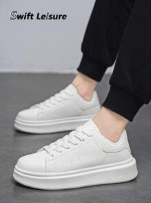 Men's Minimalist Fashion Solid Color Leather Front Lace-Up Casual Sneakers, Neutral Student Commute Daily Outdoor Sports Skateboard Shoes