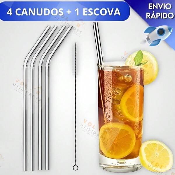 Kit 5 Peças Canudo Reto, Curvo e Escovinha Limpeza Inox