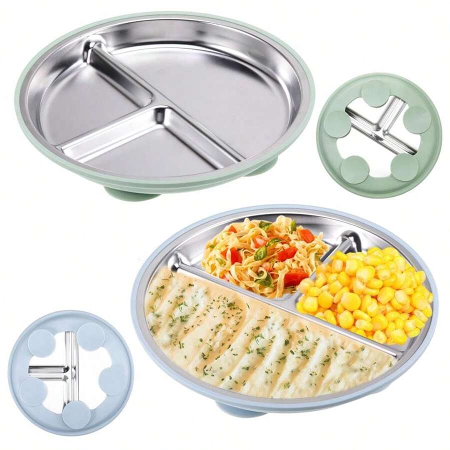 Set Of 2 Stainless Steel Baby Plates With Suction Cup, Split Children's Plates With Removable Silicone Suction Cup, Children's Plate With Dividers, Baby Crockery Set