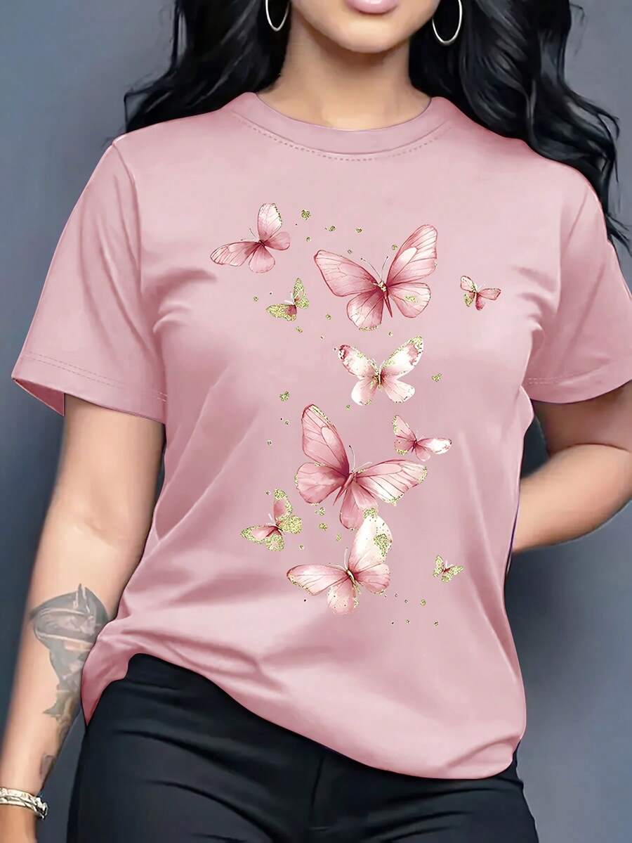 Playera básica mujer dama cuello redondo manga corta estampado grafico DE MARIPOSAS MARIPOSA BUTTERFLY graphic Textura Suave Fortiz - Rosa - Ver 1