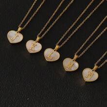 1pc Personalized Heart-Shaped White Shell Initial Necklace Stainless Steel Non Tarnish Women Letter Necklace