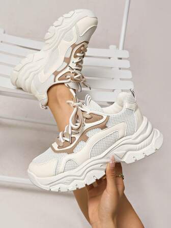New Women Thick Sole Mesh Sneakers, Beige Flat Fashion Casual Shoes, Round Toe Lace-Up Outdoor Chunky Sneakers, Suitable For All Seasons