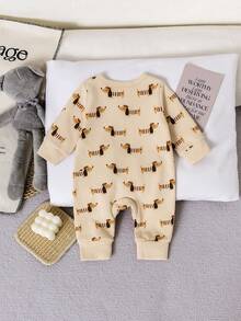1pc Newborn Baby Boy Cute Dog Print Zipper Front Long Sleeve Jumpsuit, Suitable For 0-9 Months Daily Wear - Apricot - View 2