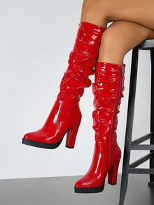 Women's Autumn/Winter Fashion Comfortable New High Shaft Rider High Platform Side Zipper Thick Heel Boots, Elegant & Minimalist - Red - View 4