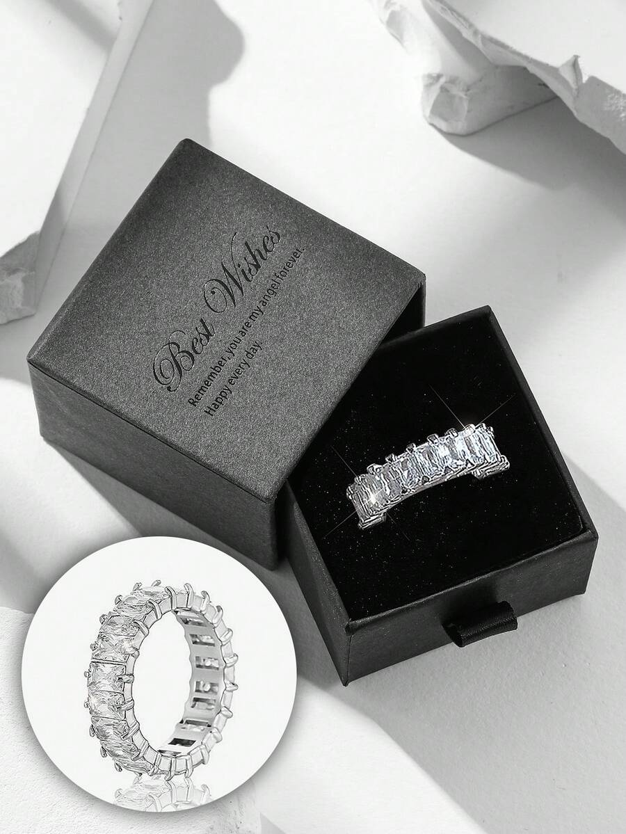Set Kotak Hadiah Mewah Minimalis Cincin Kristal Super Berkilau, Perhiasan Fashion untuk Wanita, Cocok untuk Pernikahan, Pertunangan - Kubus perak - View 1