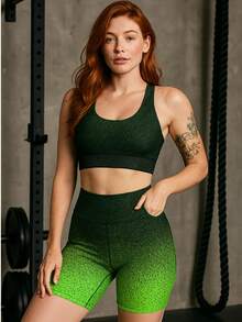Women's Gym Fitness Sports Set Shorts + High Waist Premium Gradient Top - Neon Green - View 1