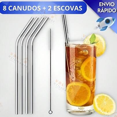 Kit 10 Peças Canudo Reto, Curvo e Escovinha Limpeza Inox